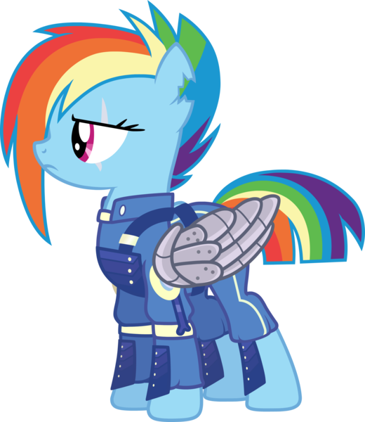 Size: 3245x3742 | Tagged: alternate timeline, amputee, apocalypse dash, artificial wings, artist:pageturner1988, augmented, clothes, crystal war timeline, derpibooru import, mechanical wing, prosthetic limb, prosthetics, prosthetic wing, rainbow dash, safe, scar, simple background, solo, the cutie re-mark, torn ear, transparent background, uniform, vector, wings