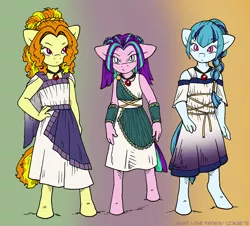 Size: 1000x905 | Tagged: safe, artist:kaemantis, deleted from derpibooru, derpibooru import, adagio dazzle, aria blaze, sonata dusk, ponified, anthro, siren, unguligrade anthro, equestria girls, 2015, adoragio, amulet, ariabetes, child, clothes, cute, dress, equestria girls ponified, greek, group, hand on hip, looking at you, necklace, signature, slit pupils, sonatabetes, the dazzlings, trio