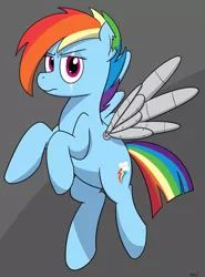 Size: 1408x1900 | Tagged: alternate timeline, amputee, apocalypse dash, artificial wings, artist:rapidstrike, augmented, crystal war timeline, derpibooru import, floating, looking at you, mechanical wing, prosthetic limb, prosthetics, prosthetic wing, rainbow dash, safe, scar, solo, the cutie re-mark, torn ear, wings