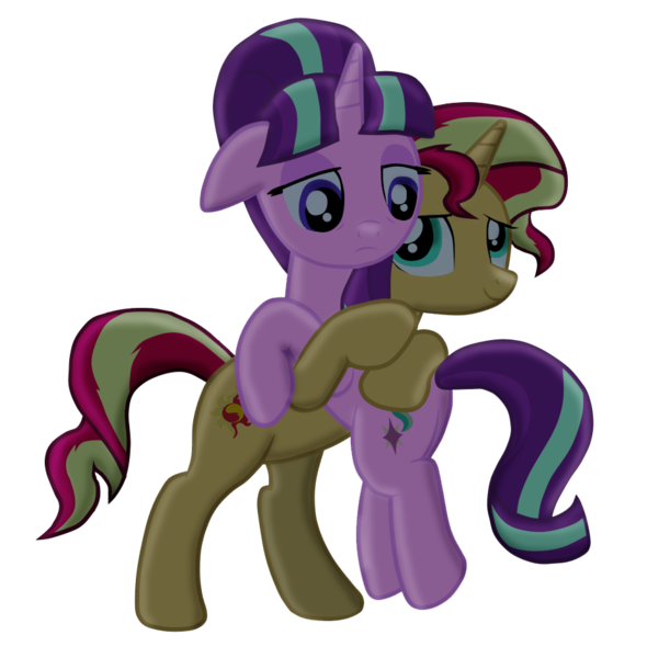 Size: 957x940 | Tagged: safe, artist:majkashinoda626, derpibooru import, starlight glimmer, sunset shimmer, pony, unicorn, backwards cutie mark, hug, implied lesbian, implied shimmerglimmer, implied shipping, remorse, sad