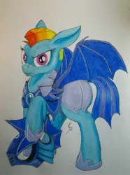 Size: 2951x3957 | Tagged: safe, artist:scribblepwn3, derpibooru import, rainbow dash, bat pony, pony, the cutie re-mark, alternate hairstyle, alternate timeline, armor, female, guard, night guard, night guard dash, nightmare takeover timeline, pen drawing, solo, traditional art, watercolor painting