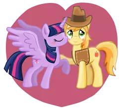 Size: 1131x987 | Tagged: safe, artist:majkashinoda626, derpibooru import, braeburn, twilight sparkle, twilight sparkle (alicorn), alicorn, pony, blushing, clothes, cowboy hat, female, hat, kiss on the cheek, kissing, male, mare, shipping, stetson, straight, twiburn, vest