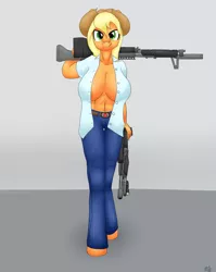 Size: 2091x2622 | Tagged: abs, anthro, applejack, artist:short circuit, big breasts, breasts, busty applejack, derpibooru import, female, gun, left 4 dead, m60, machine gun, shotgun, solo, solo female, spas-12, suggestive, weapon