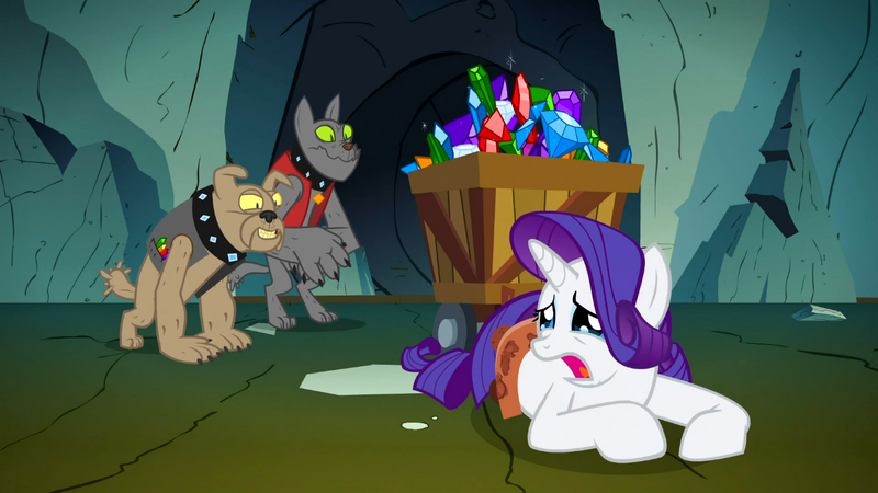 Size: 1366x768 | Tagged: safe, derpibooru import, screencap, rarity, rover, spot, diamond dog, pony, unicorn, a dog and pony show, crying, marshmelodrama, solo, whining