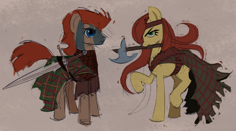 Size: 1500x835 | Tagged: safe, artist:makkon, derpibooru import, oc, unofficial characters only, earth pony, pony, axe, celtic, claymore, face paint, image, jpeg, kilt, scottish, sword, weapon