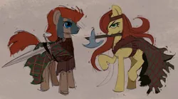 Size: 1500x835 | Tagged: safe, artist:makkon, derpibooru import, oc, unofficial characters only, earth pony, pony, celtic, claymore, face paint, kilt, scottish