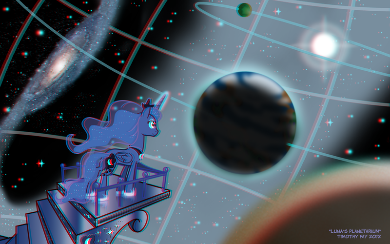 Size: 1440x900 | Tagged: 3d, anaglyph 3d, artist:tim-kangaroo, derpibooru import, planetarium, princess luna, safe, solo