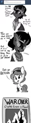 Size: 792x3168 | Tagged: safe, artist:tjpones, derpibooru import, king sombra, oc, oc:brownie bun, earth pony, pony, unicorn, horse wife, the cutie re-mark, alternate timeline, armor, ask, boots, brownie bun without her pearls, cheek fluff, chest fluff, comic, crystal war timeline, cute, dialogue, ear fluff, female, fire, floppy ears, fluffy, frown, glare, glowing eyes, head tilt, looking back, male, mare, monochrome, newspaper, ocbetes, on fire, open mouth, property damage, shoes, simple background, sitting, smiling, smirk, sombradorable, stallion, that escalated quickly, this ended in fire, tumblr, white background