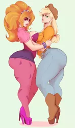 Size: 1180x2005 | Tagged: adagio dat-azzle, adagio dazzle, applebucking thighs, applebutt, applejack, artist:sundown, ass, breasts, busty adagio dazzle, dazzlejack, derpibooru import, female, freckles, human, humanized, jacqueline applebuck, lesbian, muscles, shipping, simple background, suggestive, the ass was fat, tight clothing