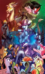 Size: 1400x2273 | Tagged: safe, artist:andypriceart, artist:vest, derpibooru import, edit, idw, applejack, discord, fluttershy, king sombra, nightmare moon, nightmare rarity, pinkie pie, queen chrysalis, rainbow dash, rarity, spike, trixie, twilight sparkle, twilight sparkle (alicorn), alicorn, changeling, pony, spoiler:comic, spoiler:comic35, antagonist, bad end, duality, evil, evil grin, fear, female, mane six, mare