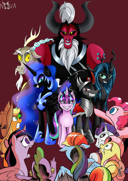 Size: 1400x1978 | Tagged: safe, artist:andypriceart, artist:novaspark, derpibooru import, edit, idw, applejack, discord, fluttershy, king sombra, lord tirek, nightmare moon, pinkie pie, queen chrysalis, rainbow dash, rarity, spike, starlight glimmer, twilight sparkle, twilight sparkle (alicorn), alicorn, pony, the cutie re-mark, spoiler:comic, spoiler:comic35, antagonist, antagonists six, bad end, evil, evil grin, fear, female, mane seven, mane six, mare