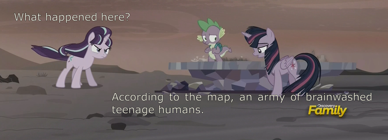 Size: 1679x608 | Tagged: safe, derpibooru import, screencap, spike, starlight glimmer, twilight sparkle, twilight sparkle (alicorn), equestria girls, the cutie re-mark, alternate timeline, ashlands timeline, barren, implied genocide, implied sunset shimmer, post-apocalyptic, sunset's terrible plan, wasteland