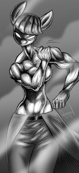 Size: 606x1317 | Tagged: abs, anime, anthro, artist:quynzel, badass, crossover, derpibooru import, maud pie, maud pump, monochrome, muscles, nudity, one punch man, questionable, silver fang, solo