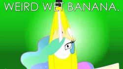 Size: 1280x720 | Tagged: banana, bananalestia, derpibooru import, edit, food, image macro, meme, nostalgia critic, princess celestia, princess molestia, suggestive, text edit, wet banana