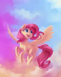 Size: 2850x3600 | Tagged: safe, artist:verulence, derpibooru import, fluttershy, pegasus, pony, cloud, cute, female, flying, head turn, high res, looking away, looking up, mare, open mouth, raised hoof, shyabetes, sky, smiling, solo, spread wings, wings