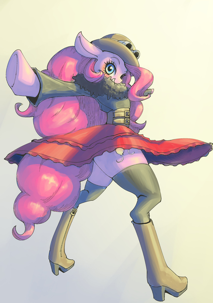 Size: 2039x2894 | Tagged: safe, artist:unousaya, derpibooru import, pinkie pie, earth pony, semi-anthro, boots, clothes, coat, female, goggles, grin, hat, high heels, mare, pixiv, skirt, socks, solo, stockings, thigh highs, zettai ryouiki