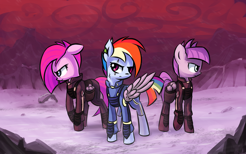 Size: 2560x1600 | Tagged: alternate timeline, amputee, apinkalypse pie, apocalypse dash, apocalypse maud, artificial wings, artist:shovrike, augmented, crystal war timeline, derpibooru import, maud pie, mechanical wing, pinkamena diane pie, pinkie pie, prosthetic limb, prosthetics, prosthetic wing, rainbow dash, safe, scar, the cutie re-mark, wings