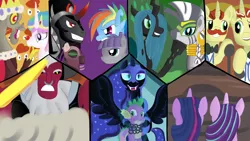 Size: 1920x1080 | Tagged: safe, artist:jbond, derpibooru import, discord, flam, flim, king sombra, lord tirek, maud pie, nightmare moon, princess celestia, queen chrysalis, rainbow dash, spike, starlight glimmer, twilight sparkle, twilight sparkle (alicorn), zecora, alicorn, pony, zebra, the cutie re-mark, alternate timeline, apocalypse dash, apocalypse maud, ashlands timeline, barren, chaotic timeline, chrysalis resistance timeline, crystal war timeline, dystopia, female, flim flam brothers, flim flam industry timeline, implied genocide, king discord, mare, nightmare takeover timeline, post-apocalyptic, tirek's timeline, wallpaper, wasteland