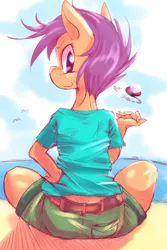 Size: 800x1200 | Tagged: anthro, artist:suzumaru, beach, clothes, derpibooru import, female, outdoors, safe, scootaloo, sitting, smiling, solo, water, wingless, wingless anthro