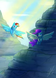 Size: 929x1280 | Tagged: artist:seyllah, crepuscular rays, derpibooru import, fluttershy, flying, looking at each other, rainbow dash, safe, spread wings