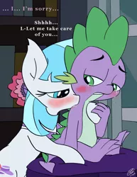 Size: 1024x1325 | Tagged: artist:loreto-arts, blushing, coco pommel, cocospike, comforting, crying, derpibooru import, female, foalcon, male, neck kiss, shipping, spike, straight, suggestive