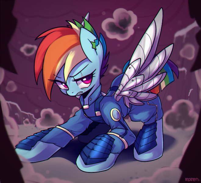 Size: 1000x910 | Tagged: alternate timeline, apocalypse dash, armor, artist:maren, augmented, crystal war timeline, derpibooru import, frown, gritted teeth, lidded eyes, military uniform, prosthetic limb, prosthetics, prosthetic wing, rainbow dash, safe, scar, solo, spread wings, the cutie re-mark, torn ear, wings