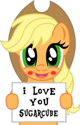 Size: 978x1532 | Tagged: applejack, artist:nupiethehero, blushing, bronybait, cute, derpibooru import, hoof hold, jackabetes, looking at you, open mouth, safe, show accurate, sign, simple background, smiling, solo, sugarcube, transparent background