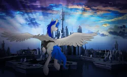 Size: 2000x1212 | Tagged: source needed, useless source url, safe, artist:asklevee, derpibooru import, oc, oc:sapphire sights, unofficial characters only, pegasus, pony, atlantis, clothes, flying, gauges, hoodie, looking away, piercing, stargate, stargate atlantis, wings