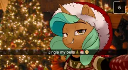 Size: 1473x808 | Tagged: suggestive, artist:8bitamy, derpibooru import, oc, oc:spearemint, unofficial characters only, pony, unicorn, bedroom eyes, christmas, christmas stocking, christmas sweater, christmas tree, clothes, emoji, female, fireplace, hat, holiday, irl background, jingle bells, joke, lip bite, looking at you, orange fur, santa claus, santa hat, selfie, smiling, smirk, smug, snapchat, solo, suggestive smile, sweater, tree, yellow eyes