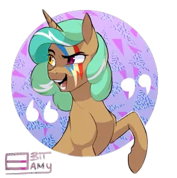 Size: 915x919 | Tagged: safe, artist:8bitamy, derpibooru import, oc, oc:spearemint, unofficial characters only, pony, unicorn, aladdin sane, david bowie, heterochromia, looking back, open mouth, raised eyebrow, raised hoof, simple background, smirk, solo, transparent background, ziggy stardust