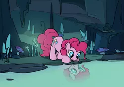 Size: 1253x881 | Tagged: safe, artist:sirvalter, derpibooru import, pinkie pie, too many pinkie pies, cave, cave pool, mirror pool, scene interpretation, solo