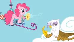 Size: 1366x768 | Tagged: safe, derpibooru import, screencap, gilda, pinkie pie, earth pony, gryphon, pony, griffon the brush off, flying contraption, helicopter