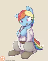 Size: 1225x1575 | Tagged: safe, artist:alasou, deleted from derpibooru, derpibooru import, rainbow dash, alternate hairstyle, clothes, cosplay, costume, lightsaber, luke skywalker, patreon, patreon logo, simple background, solo, star wars, this will end in tears and/or death, tongue out, weapon