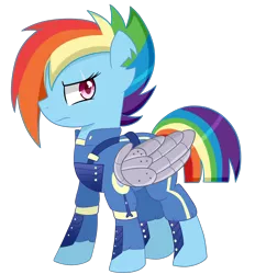 Size: 3800x4100 | Tagged: absurd resolution, alternate timeline, amputee, apocalypse dash, artificial wings, artist:emera33, augmented, badass, clothes, crystal war timeline, derpibooru import, mechanical wing, prosthetic limb, prosthetics, prosthetic wing, rainbow dash, safe, scar, solo, the cutie re-mark, torn ear, uniform, wings