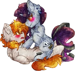 Size: 3011x2847 | Tagged: source needed, safe, artist:iroxykun, derpibooru import, oc, oc:pixel wave, oc:satin stitch, unofficial characters only, pegasus, pony, unicorn, blushing, cutie mark, female, horn, lesbian, mare, oc x oc, on top, piercing, shipping, surprised, wings