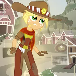 Size: 2160x2160 | Tagged: safe, artist:beavernator, artist:stinkehund, derpibooru import, applejack, equestria girls, crossover, jesse mccree, mccreejack, overwatch, solo, sweet apple acres