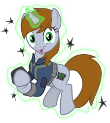 Size: 1500x1684 | Tagged: safe, artist:brisineo, derpibooru import, oc, oc:littlepip, unofficial characters only, pony, unicorn, fallout equestria, fanfic, the cutie re-mark, bullet hole, clapping, clothes, faic, fanfic art, female, floating, glowing horn, hooves, horn, imperial stormtrooper marksmanship, levitation, magic, mare, open mouth, pipbuck, self-levitation, simple background, solo, starlight says bravo, telekinesis, transparent background, vault suit, vector