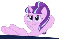 Size: 1500x975 | Tagged: safe, artist:qwertyuiopoiuytrewq, derpibooru import, starlight glimmer, pony, unicorn, the cutie re-mark, crossed legs, cute, glimmerbetes, hooves on the table, meme, s5 starlight, simple background, sitting, smug, smuglight glimmer, solo, transparent background, welcome home twilight