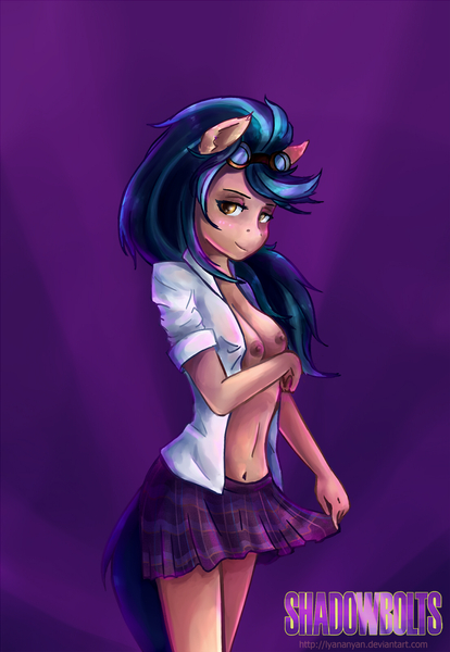 Size: 1100x1594 | Tagged: dead source, questionable, artist:lyananyan, derpibooru import, indigo zap, anthro, equestria girls, friendship games, bedroom eyes, belly button, breasts, busty indigo zap, clothes, crystal prep academy uniform, cute, exposed breasts, female, goggles, image, jpeg, looking at you, nipples, open clothes, open shirt, school uniform, school uniform fetish, sexy, shirt, skirt, skirt pull, solo, solo female, topless, zapabetes