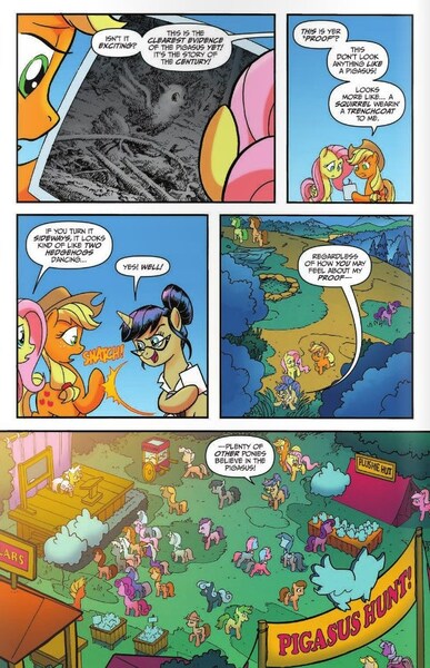 Size: 605x937 | Tagged: aloe, applejack, artist:tonyfleecs, bigfoot, derpibooru import, fluttershy, flying pig, idw, lotus blossom, mayor mare, nosey news, pig, pigasus, quill (character), safe, splendor woods, spoiler:comic, spoiler:comicff23, spread wings