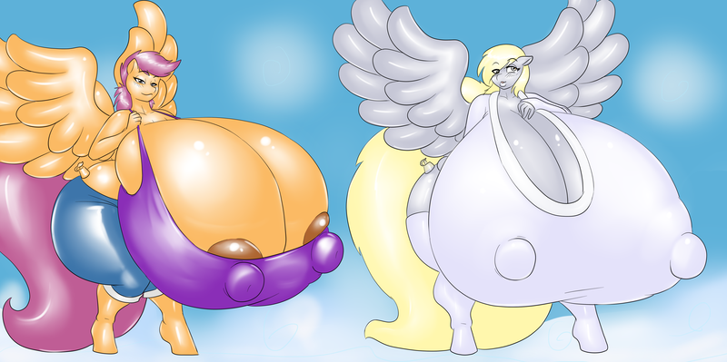 Size: 4813x2400 | Tagged: absurd resolution, anthro, artist:blues64, artist:marauder6272, ass, big breasts, breasts, busty derpy hooves, busty scootaloo, cleavage, clothes, colored, color edit, derpibooru import, derpy hooves, edit, female, huge breasts, huge butt, huge tail, impossibly large breasts, impossibly large butt, inflatable, inflatable anthro mare, large butt, large wings, questionable, rubber, rubberquestria, scootaloo, shiny, tail, unguligrade anthro, wings