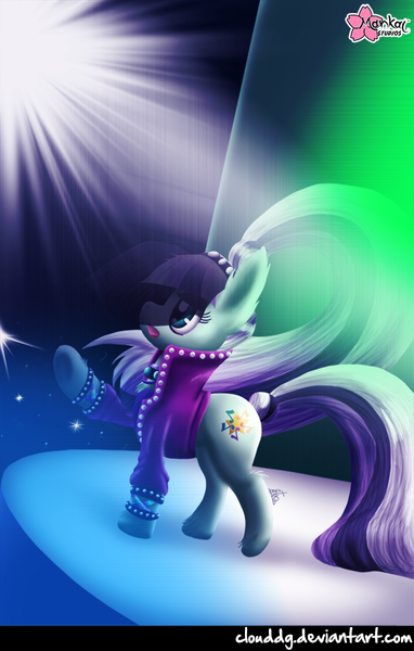 Size: 573x900 | Tagged: artist:clouddg, audience, coloratura, countess coloratura, derpibooru import, open mouth, raised hoof, safe, signature, singing, solo, spotlight, stage, the mane attraction