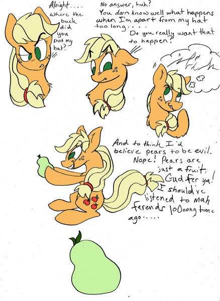 Size: 1000x1370 | Tagged: artist needed, source needed, safe, derpibooru import, applejack, dialogue, food, missing accessory, pear, pearjack