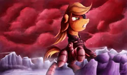 Size: 1250x734 | Tagged: alternate timeline, applejack, artist:jamescorck, battle armor, crystal war timeline, derpibooru import, eyepatch, gritted teeth, red sky, safe, scar, soldier, solo, the cutie re-mark, war