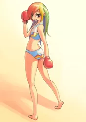 Size: 2039x2894 | Tagged: artist:unousaya, barefoot, boxer, boxing gloves, breasts, clothes, delicious flat chest, derpibooru import, feet, female, human, humanized, midriff, rainbow dash, rainbow flat, solo, sports bra, sports panties, suggestive