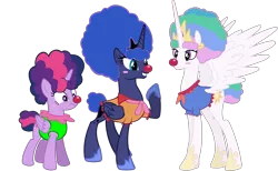 Size: 4641x2855 | Tagged: safe, artist:megarainbowdash2000, derpibooru import, edit, princess celestia, princess luna, twilight sparkle, twilight sparkle (alicorn), alicorn, pony, the cutie re-mark, afro, alternate timeline, chaotic timeline, clown, clown celestia, clown luna, female, frolestia, lunafro, mare, simple background, transparent background, vector