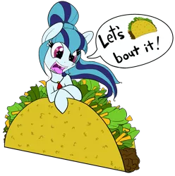 Size: 1885x1897 | Tagged: safe, artist:allyclaw, deleted from derpibooru, derpibooru import, sonata dusk, pony, cute, food, pun, rebus, solo, sonataco, taco, taco tuesday, that girl sure loves tacos, visual pun