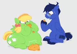 Size: 1958x1397 | Tagged: safe, artist:mellowhen, derpibooru import, oc, oc:blazewing, oc:bric-a-brac, unofficial characters only, pegasus, pony, belly, candy, candy corn, chubby, couple, fat, food, mallow pumpkins, pumpkin