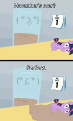 Size: 498x820 | Tagged: calendar, caption, chocolate, chocolate milk, derpibooru import, exploitable meme, food, le lenny face, meme, milk, no fap november, pure unfiltered evil, safe, spilled milk, twilight sparkle