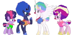 Size: 5841x2855 | Tagged: safe, artist:megarainbowdash2000, derpibooru import, edit, princess cadance, princess celestia, princess luna, twilight sparkle, twilight sparkle (alicorn), alicorn, pony, the cutie re-mark, afro, alicorn tetrarchy, alternate timeline, chaotic timeline, clown, clown celestia, clown luna, clown nose, clowndance, female, frolestia, lunafro, mare, simple background, transparent background, vector